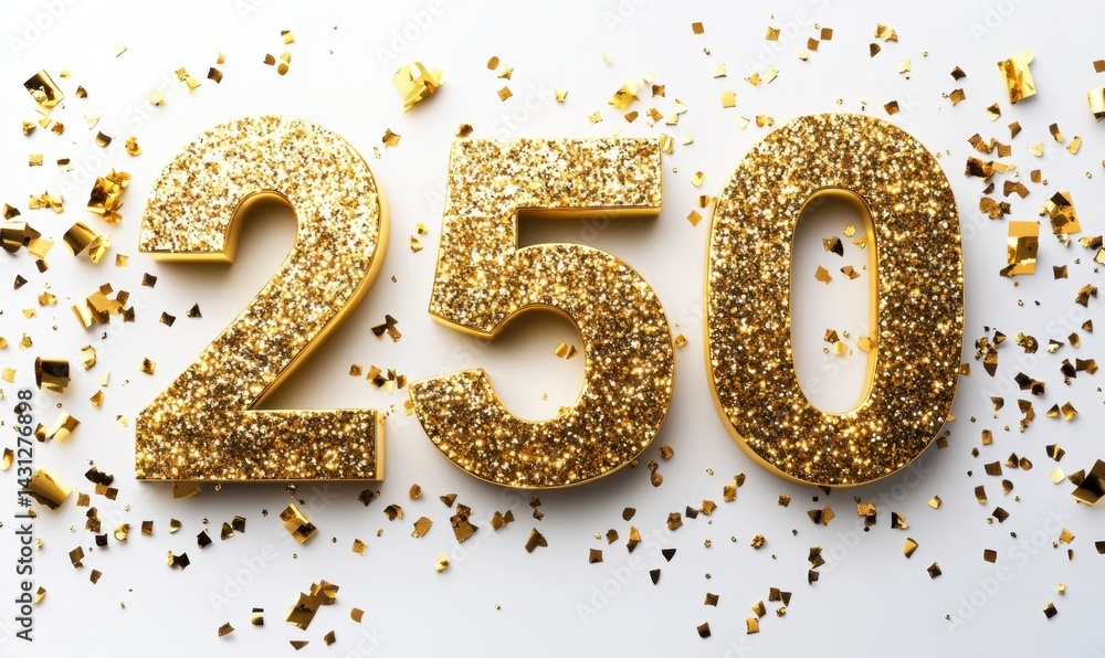 Golden Glitter Number 250 with Glitter Confetti Decoration Golden Glitter Number 250 with Glitter Confetti Decoration