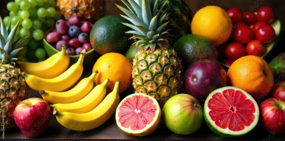 Last chance summer deals, colorful tropical fruit display, fruit, lime Last chance summer deals, colorful tropical fruit display, fruit, lime