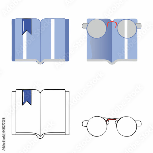Book icons with bookmarks and glasses, perfect for book lovers and reading enthusiasts, showcasing love for literature, on white background, commercial use