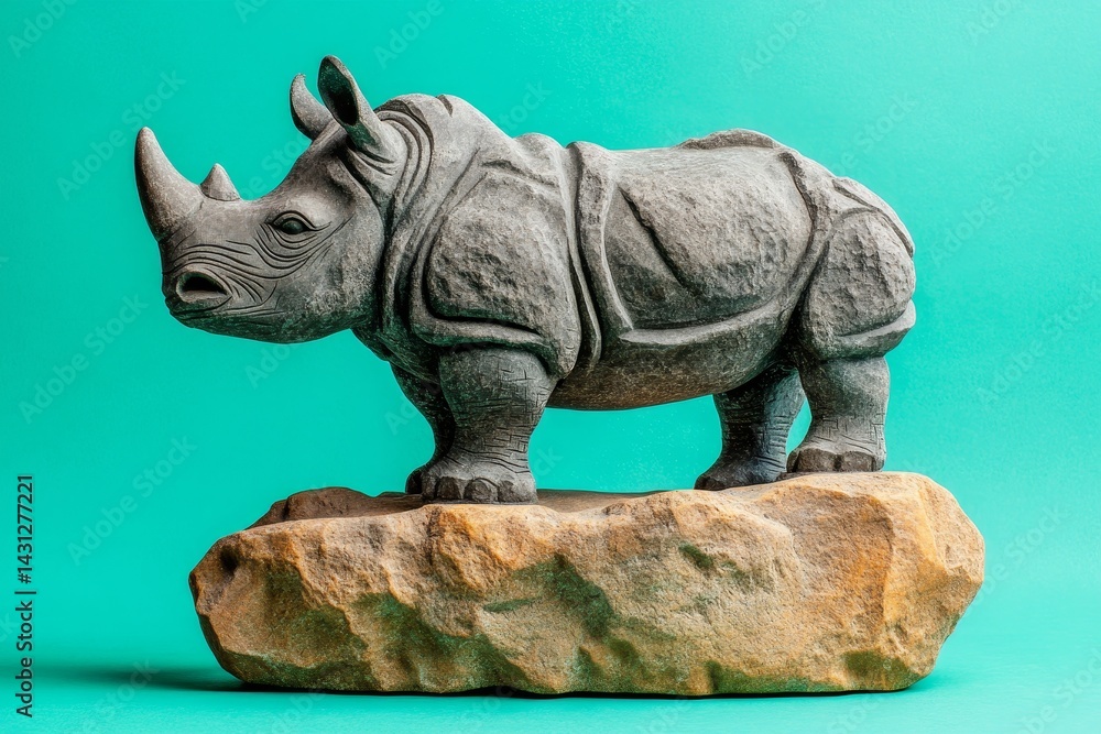 Fototapeta premium Gray rhinoceros sculpture on a stone pedestal against a vibrant backdrop.