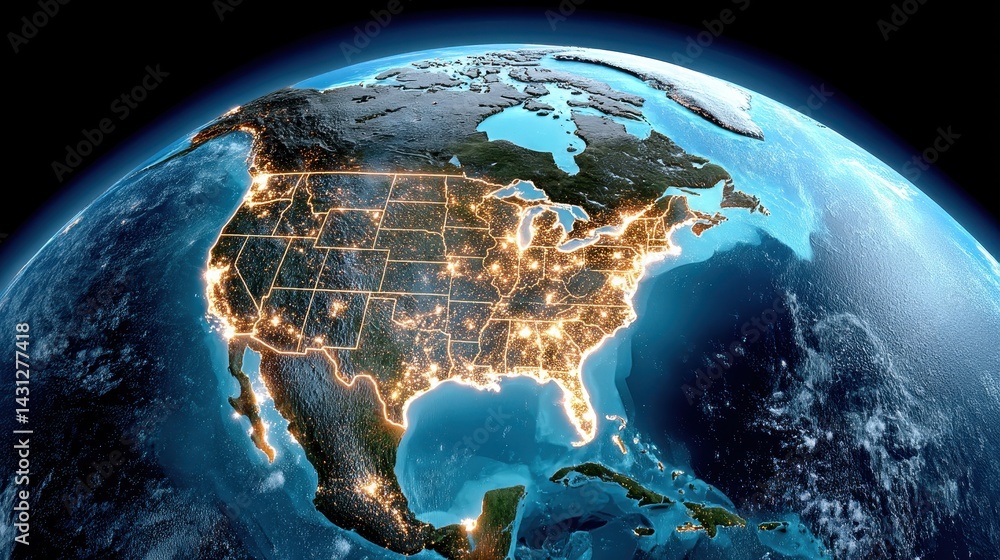 North America highlighted with glowing city lights from space at night