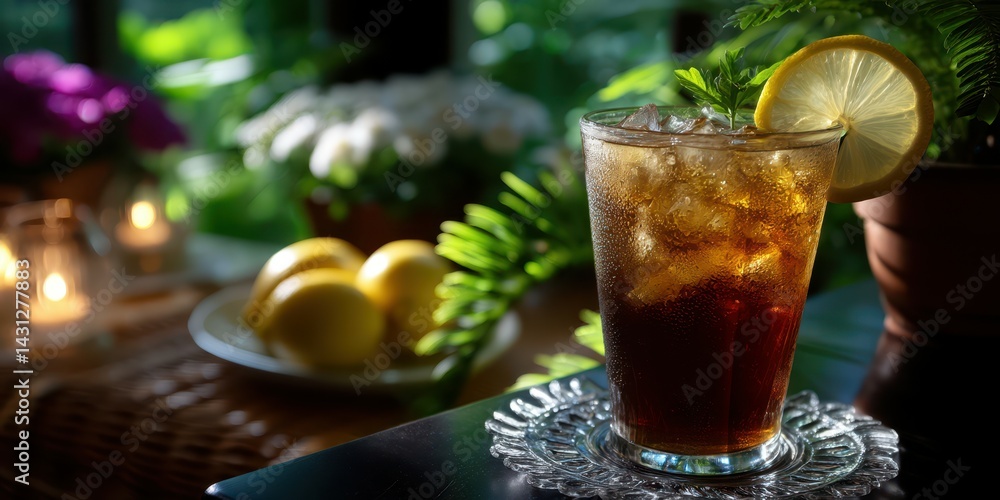 Refreshing iced tea with lemon slices in a cozy, vibrant setting during a sunny afternoon Refreshing iced tea with lemon slices in a cozy, vibrant setting during a sunny afternoon