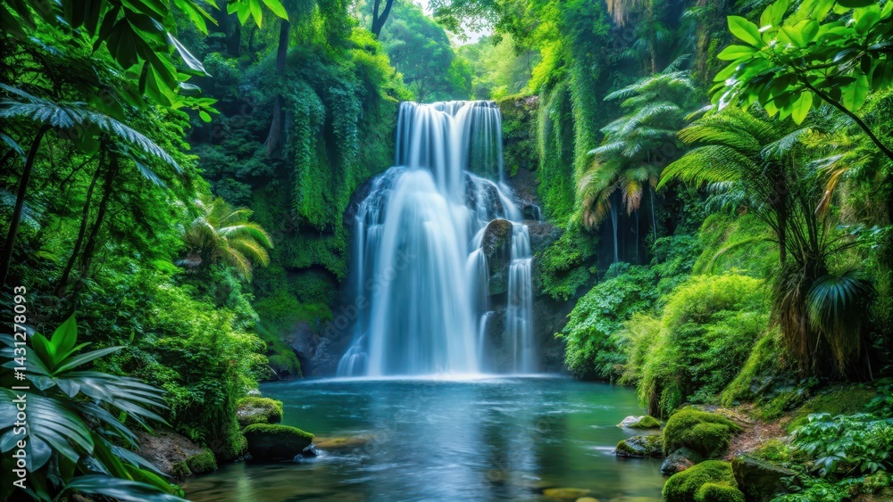 Obraz premium waterfall amidst dense foliage, peaceful, foliage, peaceful, foliage, greenery,forest, vegetation, wilderness