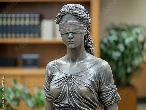close-up view of a statue of Lady Justice in a law firm office room table. AI generated