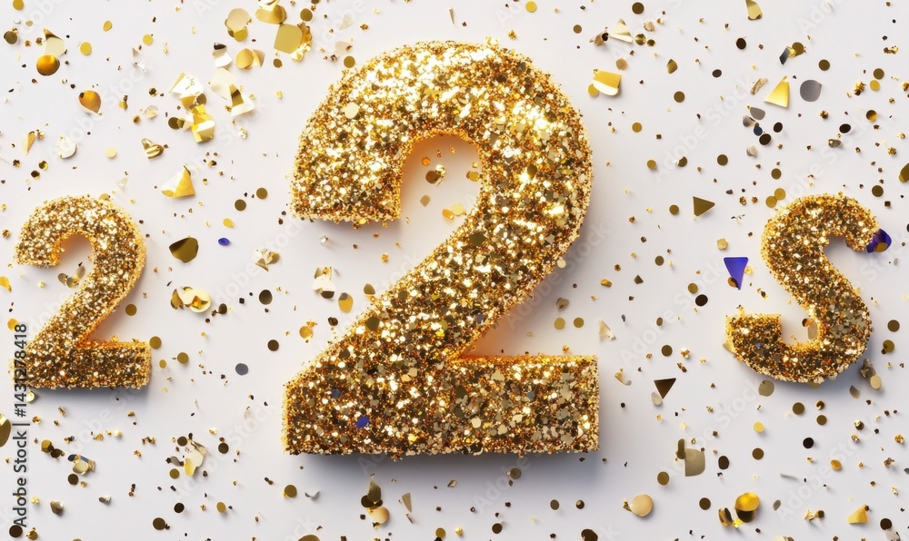 Sparkling Gold Numbers Two and S with Glitter and Confetti Background Sparkling Gold Numbers Two and S with Glitter and Confetti Background