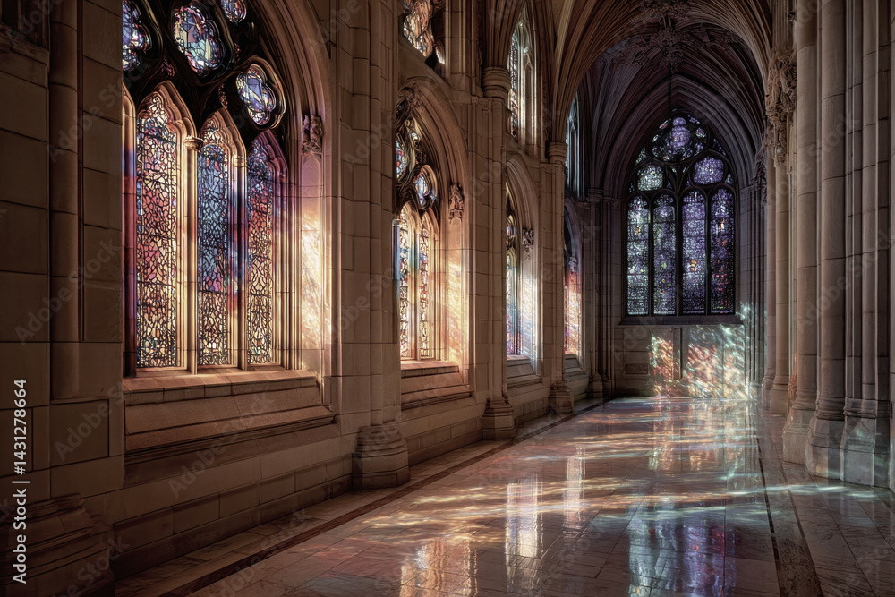 Obraz premium Sunlight shining through stained glass windows in cathedral