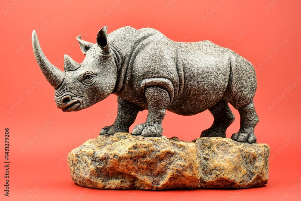 Fototapeta premium Gray rhinoceros sculpture positioned on a rocky outcrop.