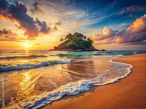 Serene Island Escape: Vintage Photo of Gentle Ocean Waves on Remote Shore