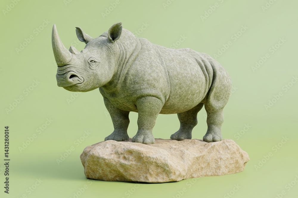 Fototapeta premium Gray rhinoceros sculpture positioned on a rock formation.