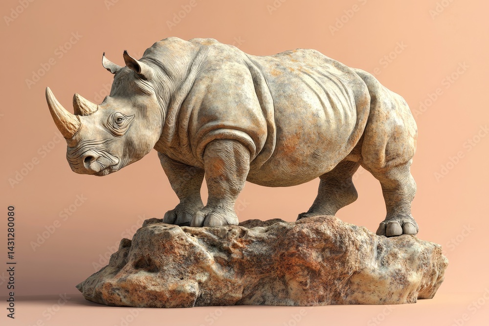 Fototapeta premium Detailed sculpted rhinoceros figurine on a rocky outcrop.