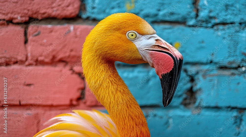 Fototapeta premium Close-up of a vibrant orange flamingo against a colorful brick wall.