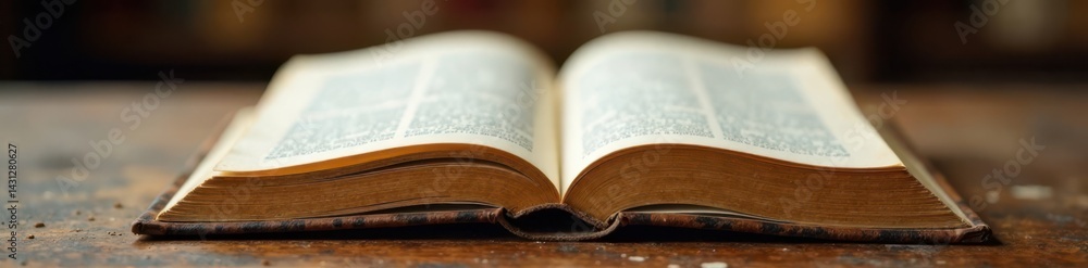 Fototapeta premium Vintage book pages with torn edges on wooden desk, worn, pages