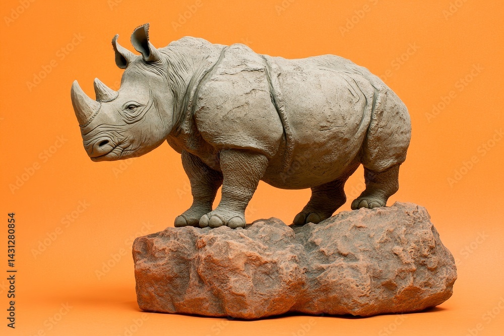 Fototapeta premium Detailed sculpted rhinoceros figurine atop a rocky outcrop.