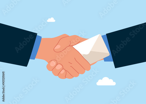 Business deal, agreement, contract. Corruption with shaking hands and transmitting envelope with money. Flat vector illustration