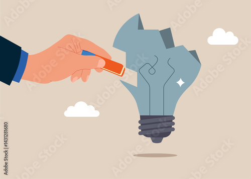 Businessman remove broken light bulb with eraser. Financial crisis and Global economic money problem. After business failure, burnout or exhausted from crisis. Modern vector illustration in flat style
