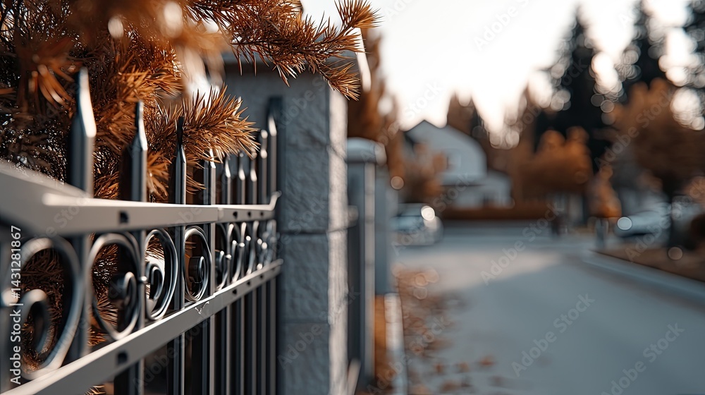 Close-up view of a black iron fence showcasing decorative elements against a blurred autumn background of homes and trees