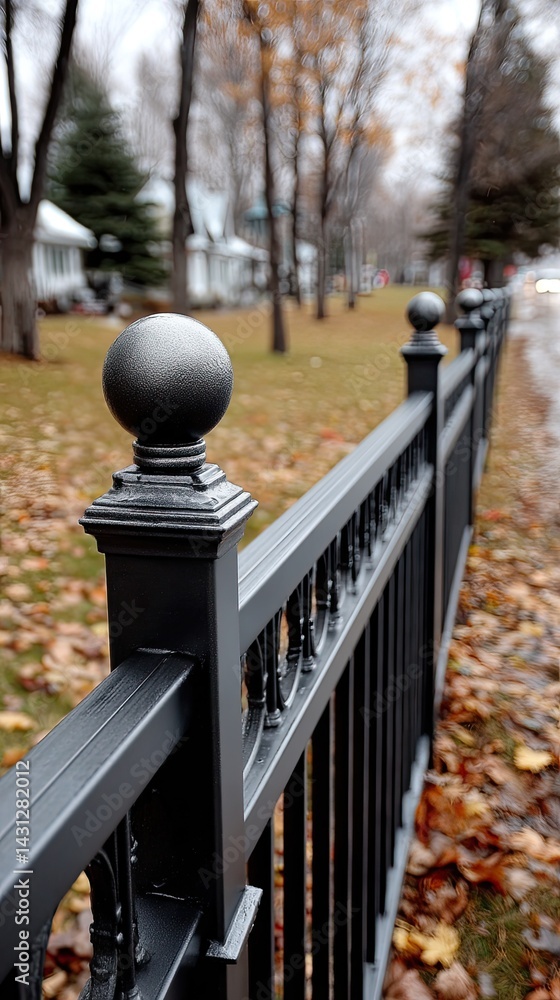 Close-up view of a black iron fence showcasing decorative elements against a blurred autumn background of homes and trees