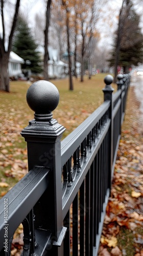Obraz na płótnie Close-up view of a black iron fence showcasing decorative elements against a blurred autumn background of homes and trees w salonie