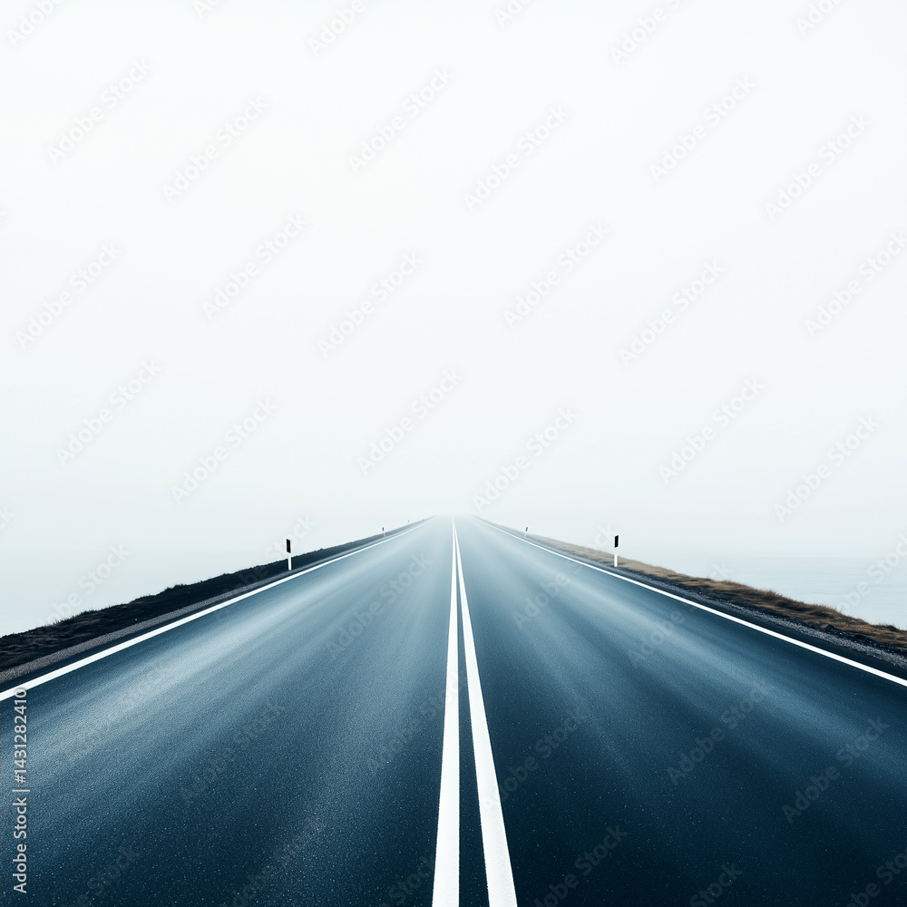 Fototapeta premium A long, empty road disappears into mist, symbolizing freedom and adventure ahead in a tranquil landscape.
