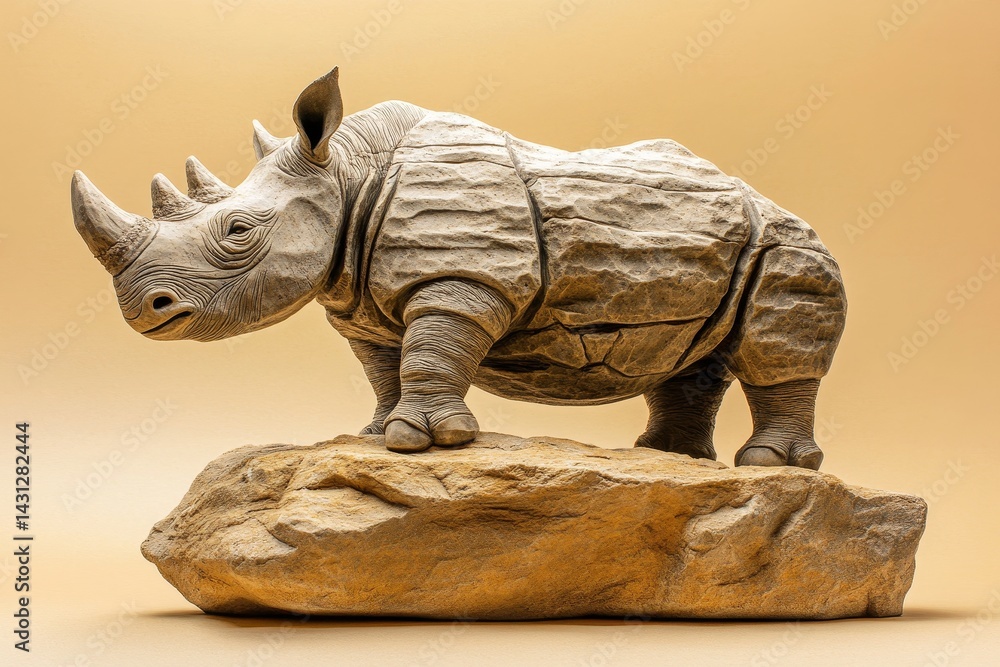 Fototapeta premium Detailed carved rhinoceros sculpture atop a stone outcrop.