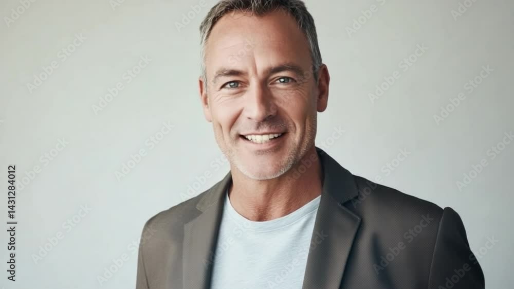 Handsome Man's Smile: A close-up portrait of a charming, mature man with a genuine, warm smile, showcasing a confident, approachable demeanor. Handsome Man's Smile: A close-up portrait of a charming, mature man with a genuine, warm smile, showcasing a confident, approachable demeanor.