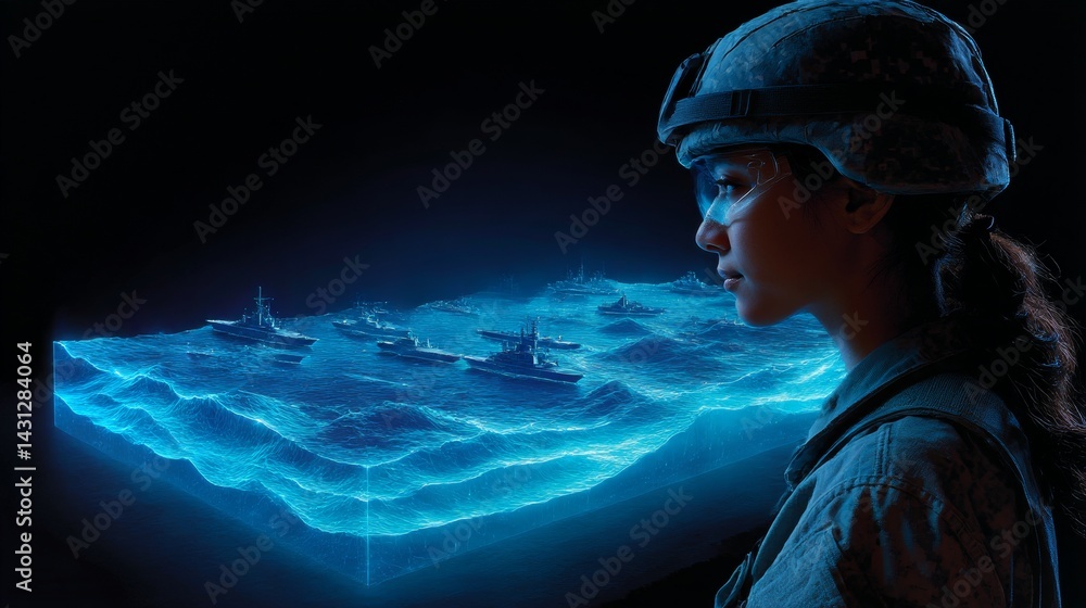 Military forces view holographic data on oceanic terrain and vessels with advanced ai technology