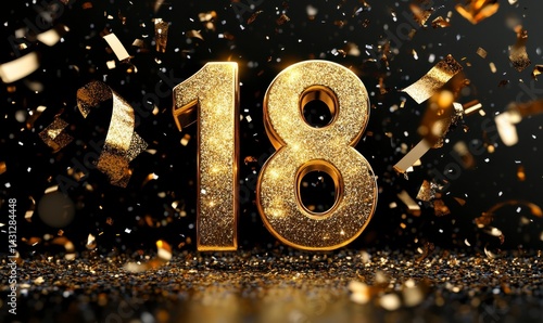 Sparkling Golden 18 with Confetti on Black Background Celebration