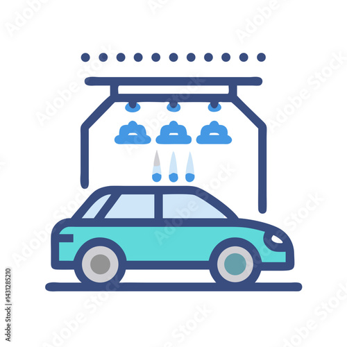 Car Wash Illustration: Automated Cleaning System with Water Sprays and a Modern Vehicle