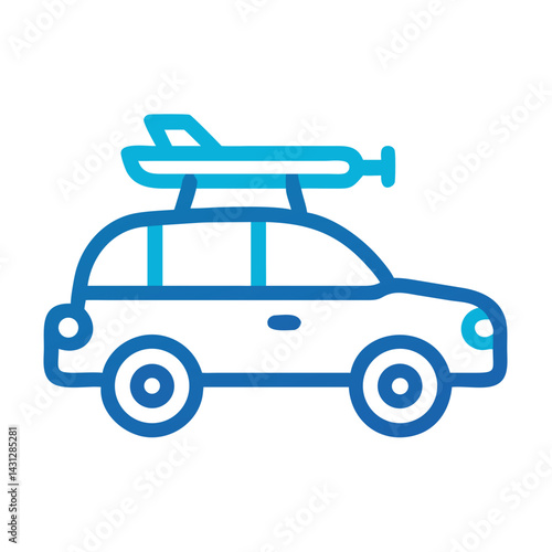 Car with Airplane on Roof Rack - Adventure Travel Icon, Outlined Vector