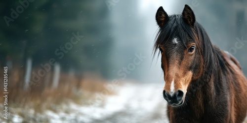 Majestic brown horse stands in snow-covered path surrounded by tall trees in winter forest