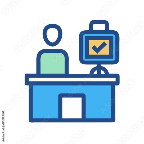 Receptionist Icon with Monitor Showing Tick Symbol on Black Background