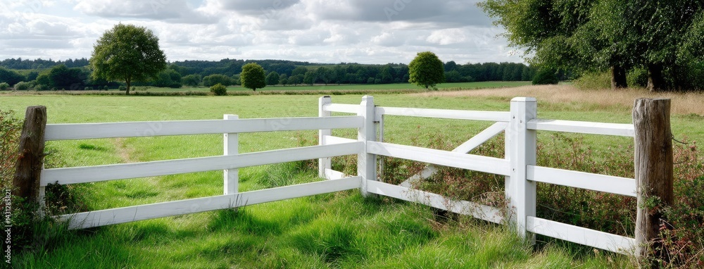 A white vinyl fence lines a charming pathway, framed by lush trees and bright blue skies, highlighting its vibrant beauty