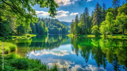 Serene national park landscape with a serene lake in the background, surrounded by lush greenery and towering trees