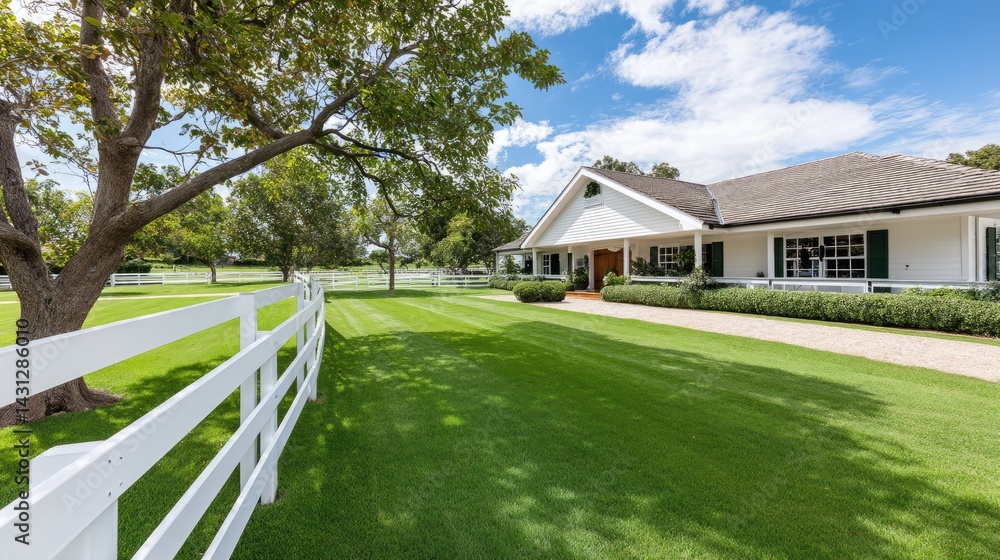 Bright sunshine beams over a lovely house framed by a white vinyl fence and lush green grass in a tranquil setting