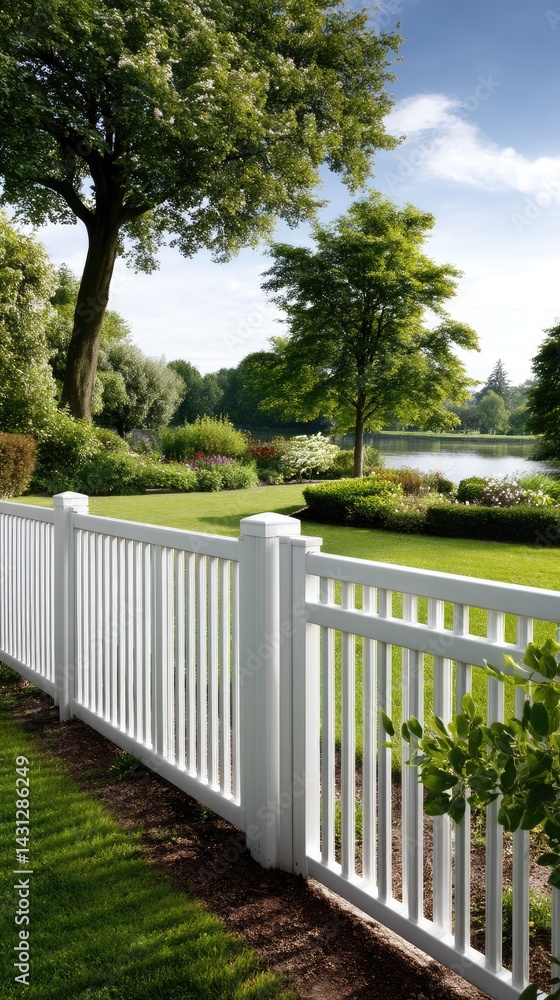 Bright sunshine beams over a lovely house framed by a white vinyl fence and lush green grass in a tranquil setting