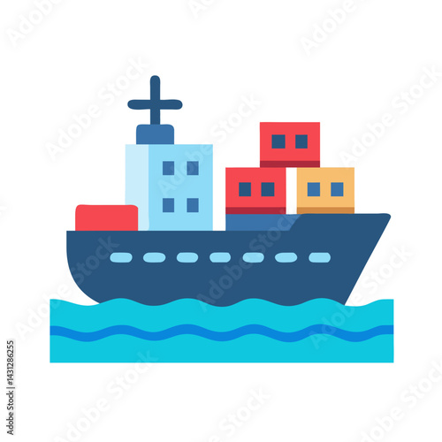 Container Ship Icon with Cargo Boxes at Sea, Isolated Vector