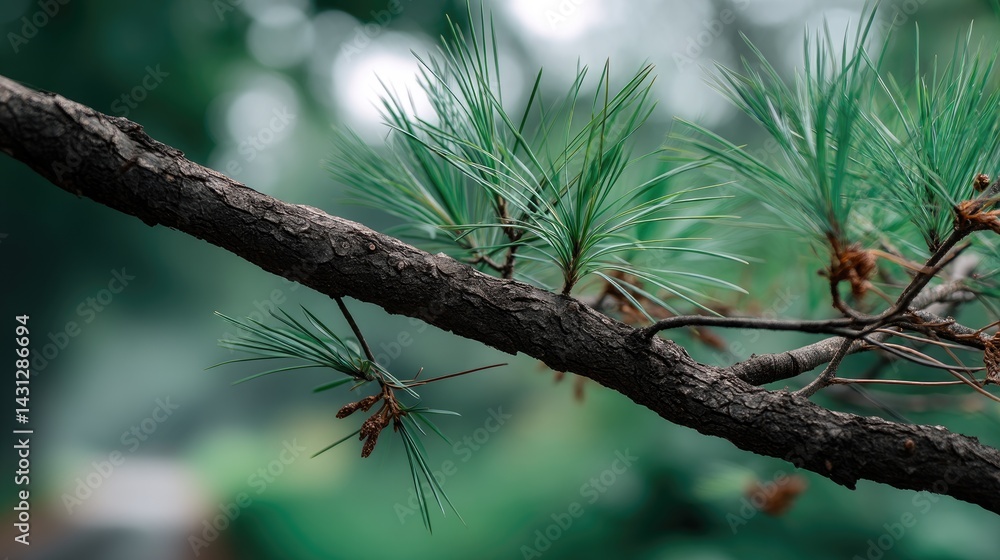 Detailed view of pine tree branches with fresh green needles against a soft, blurred background, highlighting natural beauty and texture