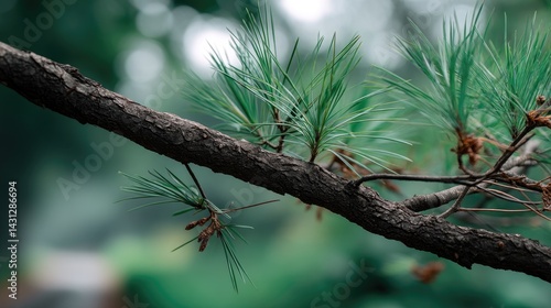 Obraz na płótnie Detailed view of pine tree branches with fresh green needles against a soft, blurred background, highlighting natural beauty and texture w salonie