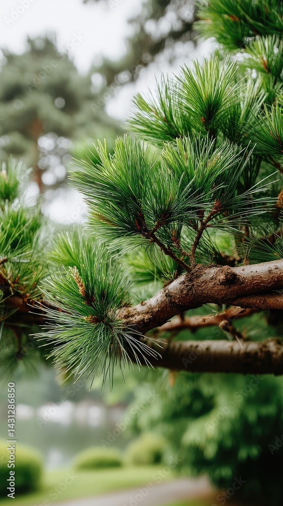 Detailed view of pine tree branches with fresh green needles against a soft, blurred background, highlighting natural beauty and texture