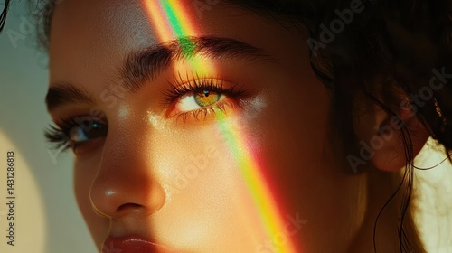 Radiant woman's face, illuminated by a vibrant spectrum.