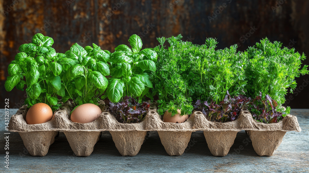 Fototapeta premium Tomato, basil, parsley, and watercress seedlings grown in repurposed containers like egg cartons and coconut pots, promoting sustainable gardening
