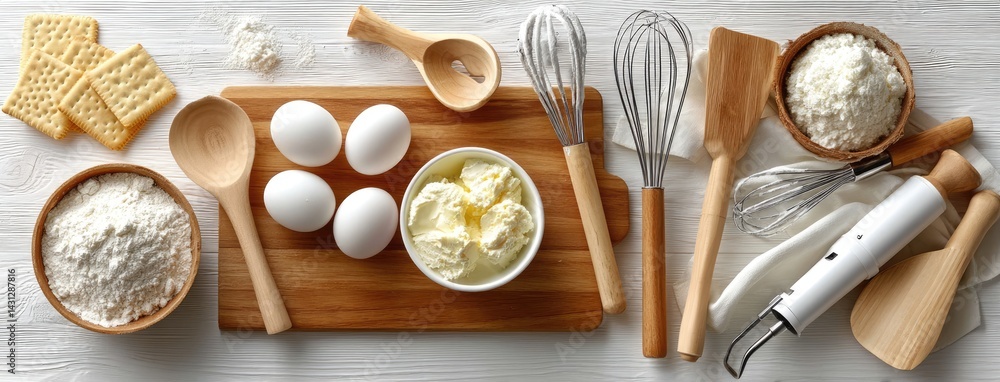 Bowl of cottage cheese surrounded by fresh eggs and a whisk captures culinary simplicity and freshness in natural light