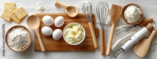 Obraz na płótnie Bowl of cottage cheese surrounded by fresh eggs and a whisk captures culinary simplicity and freshness in natural light w salonie