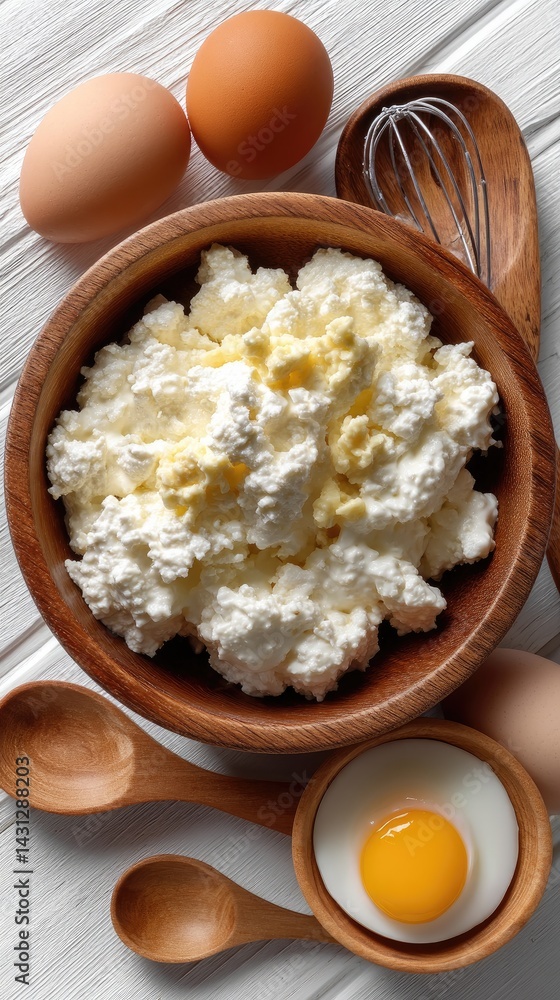 Featuring ingredients like eggs and cheese in wooden bowls ready for cottage cheese preparation on a clean white background