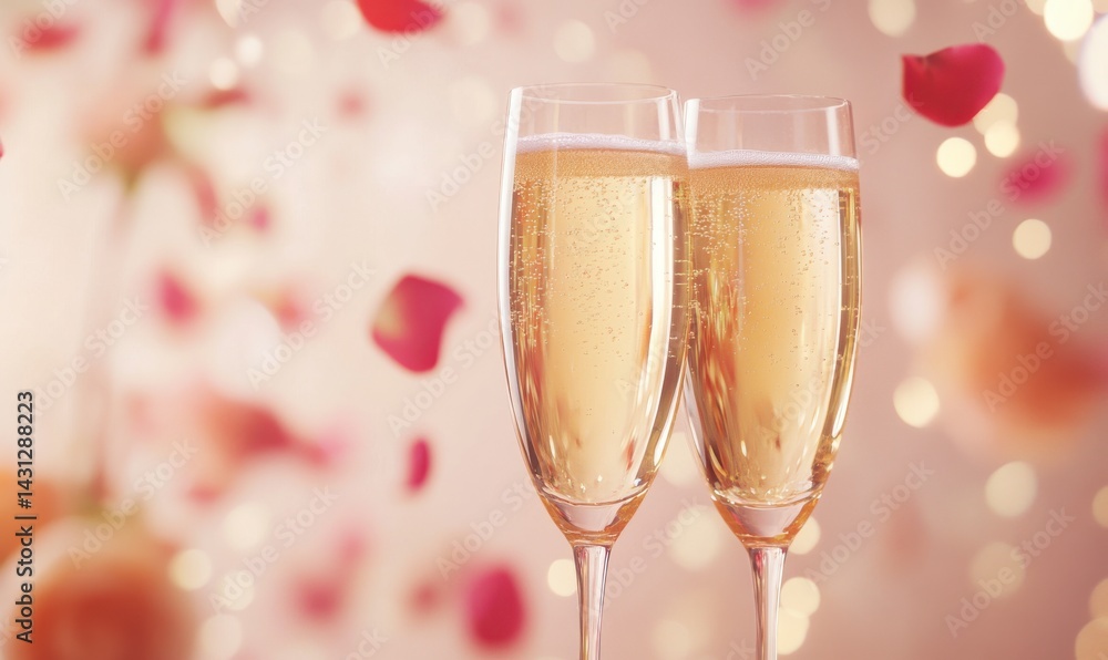 Two Champagne Flutes with Rose Petals and Bokeh Lights Two Champagne Flutes with Rose Petals and Bokeh Lights