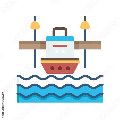 Cartoon Ship Under Bridge in Water, Illustration, Modern Flat Vector