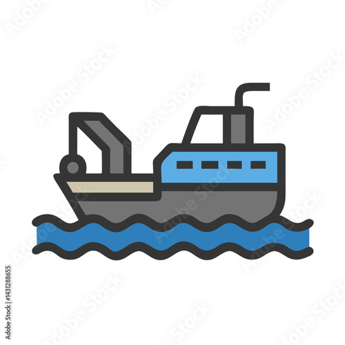 Colorful Icon of a Fishing Boat on the Sea with Waves