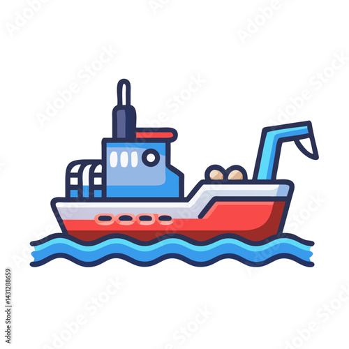 Cartoon Fishing Boat Icon on the Ocean Water, Vector Illustration