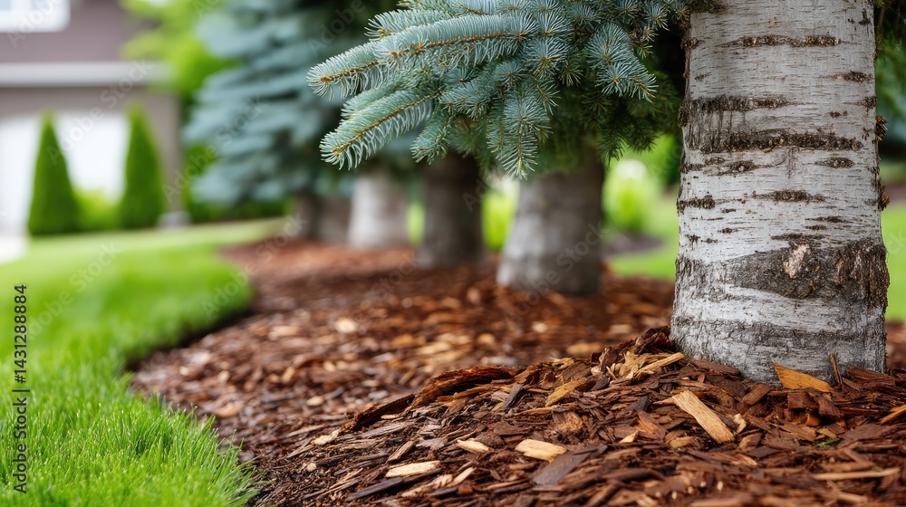 Lush green coniferous trees with wooden chips and brown mulch create a stunning garden landscape, enhancing outdoor aesthetics
