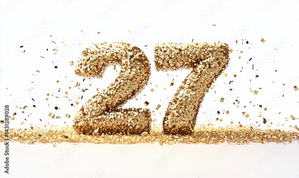 Sparkling Gold Number Twenty-Seven with Glittering Confetti Shower Sparkling Gold Number Twenty-Seven with Glittering Confetti Shower